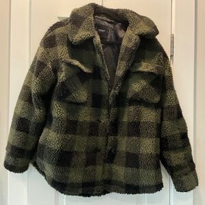 Plaid green and black fluffy coat